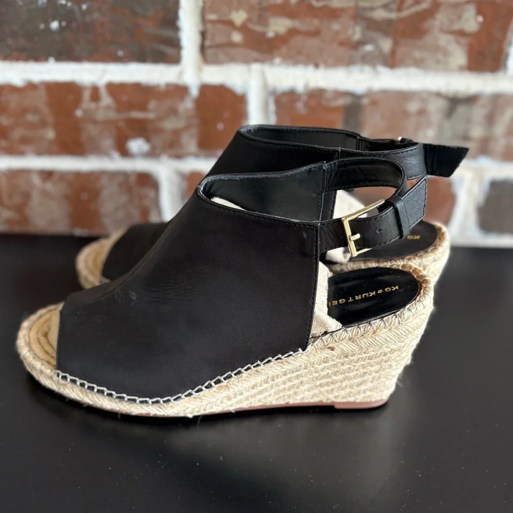 KG Kurt Geiger Nelly Black Leather Espadrille Wedge Sandals Size EU 41